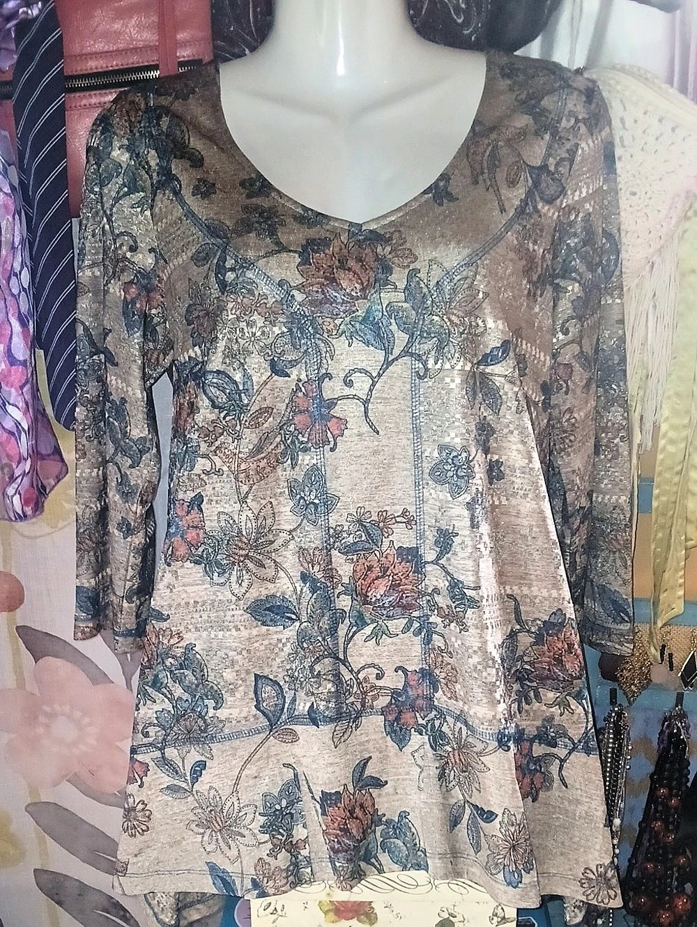 ONEWORLD Floral V Neck 3/4 Sleeve Tunic Size Medium